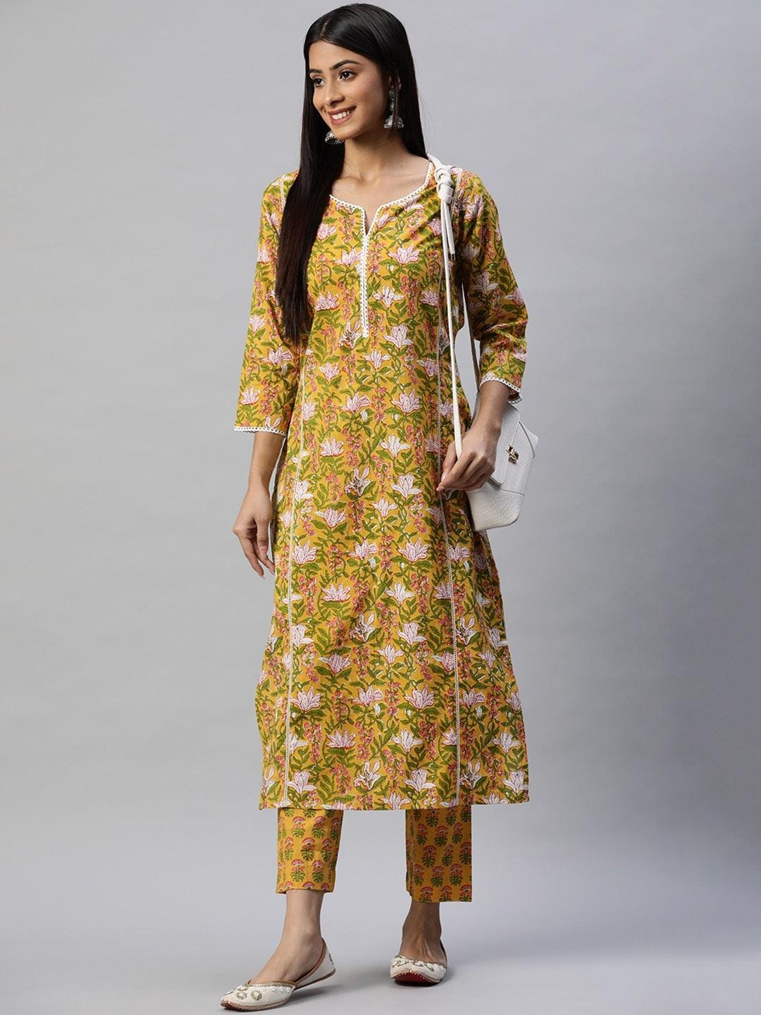 Divena Yellow Floral Printed Straight Kurta Pant Sets