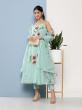 Divena Sky Blue Hand Painted Floral Organza Anarkali Kurta Pant Set with Dupatta
