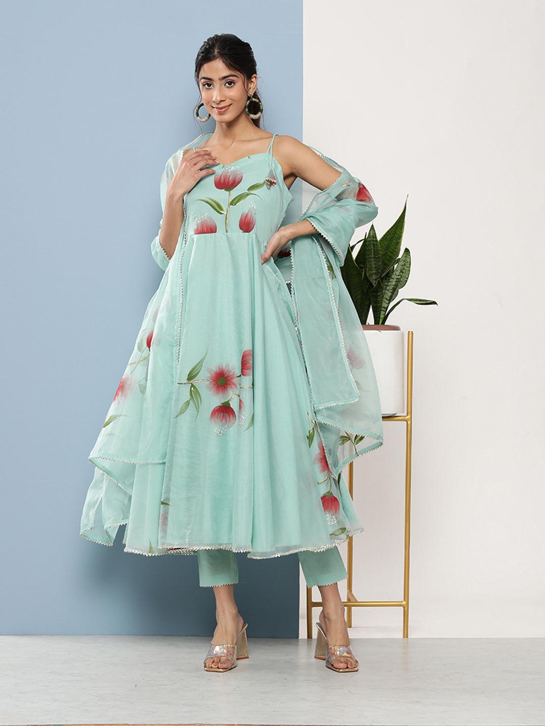 Divena Sky Blue Hand Painted Floral Organza Anarkali Kurta Pant Set with Dupatta