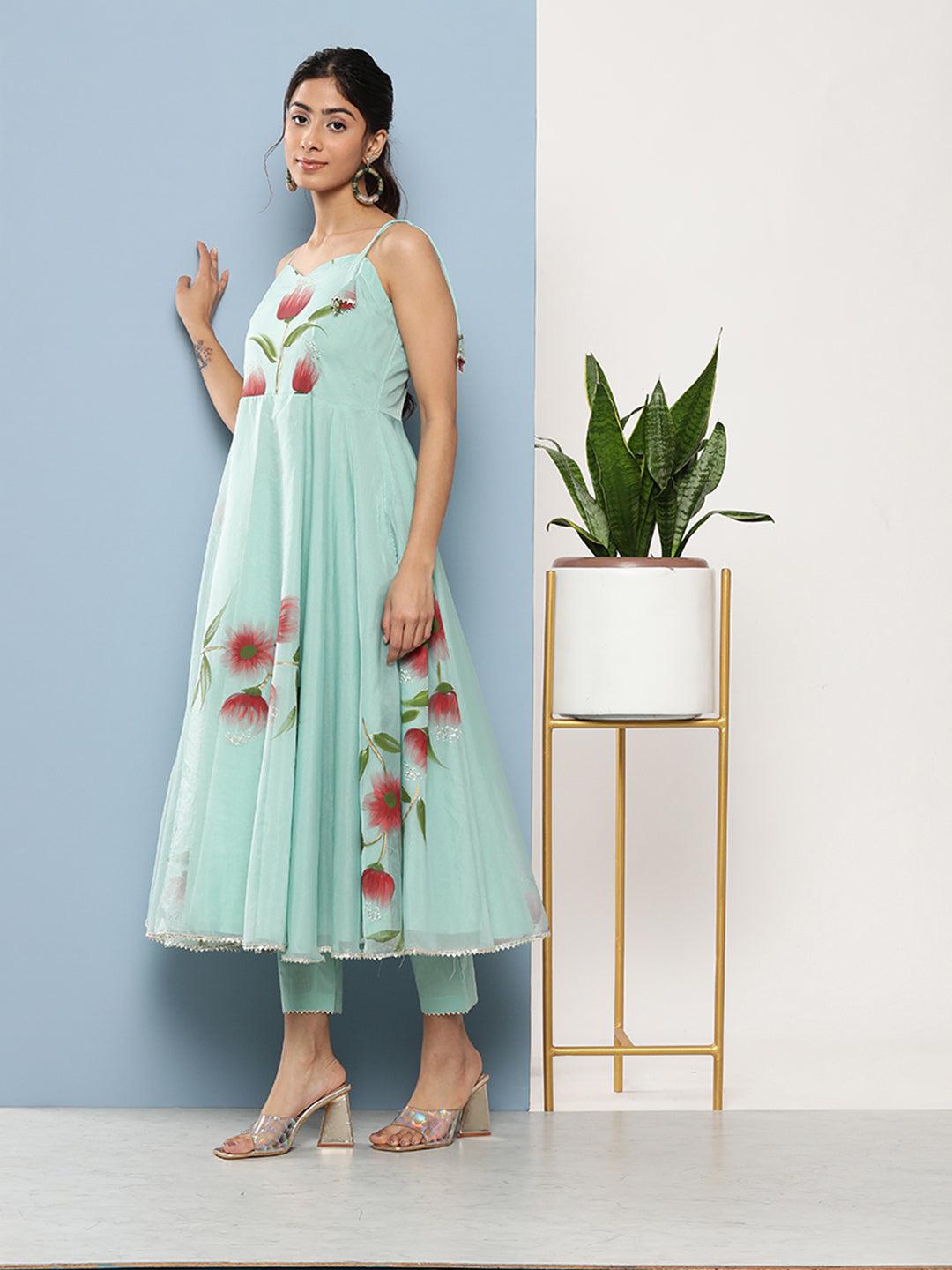 Divena Sky Blue Hand Painted Floral Organza Anarkali Kurta Pant Set with Dupatta