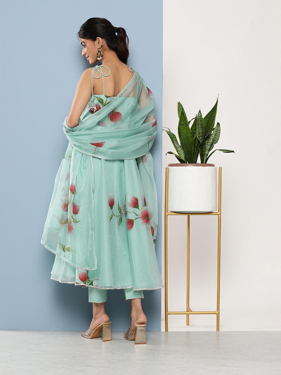 Divena Sky Blue Hand Painted Floral Organza Anarkali Kurta Pant Set with Dupatta