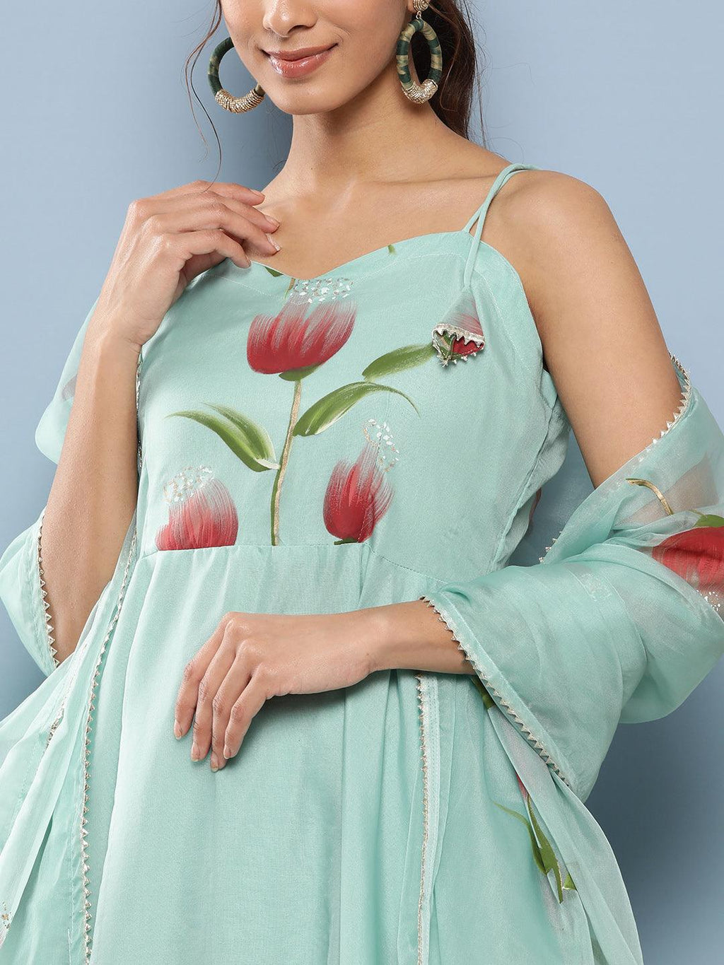 Divena Sky Blue Hand Painted Floral Organza Anarkali Kurta Pant Set with Dupatta