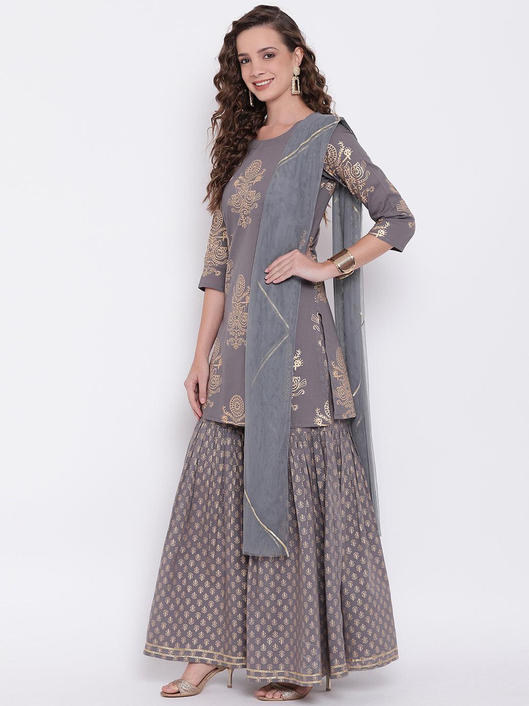 Divena Grey Foil Print Cotton Sharara Set with Net Dupatta
