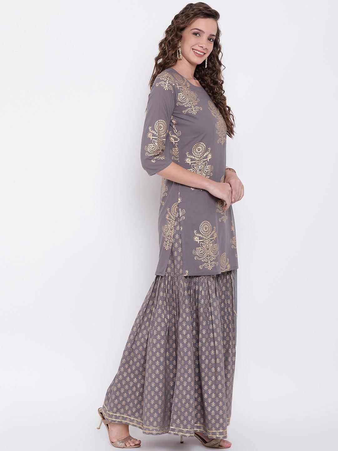 Divena Grey Foil Print Cotton Sharara Set with Net Dupatta