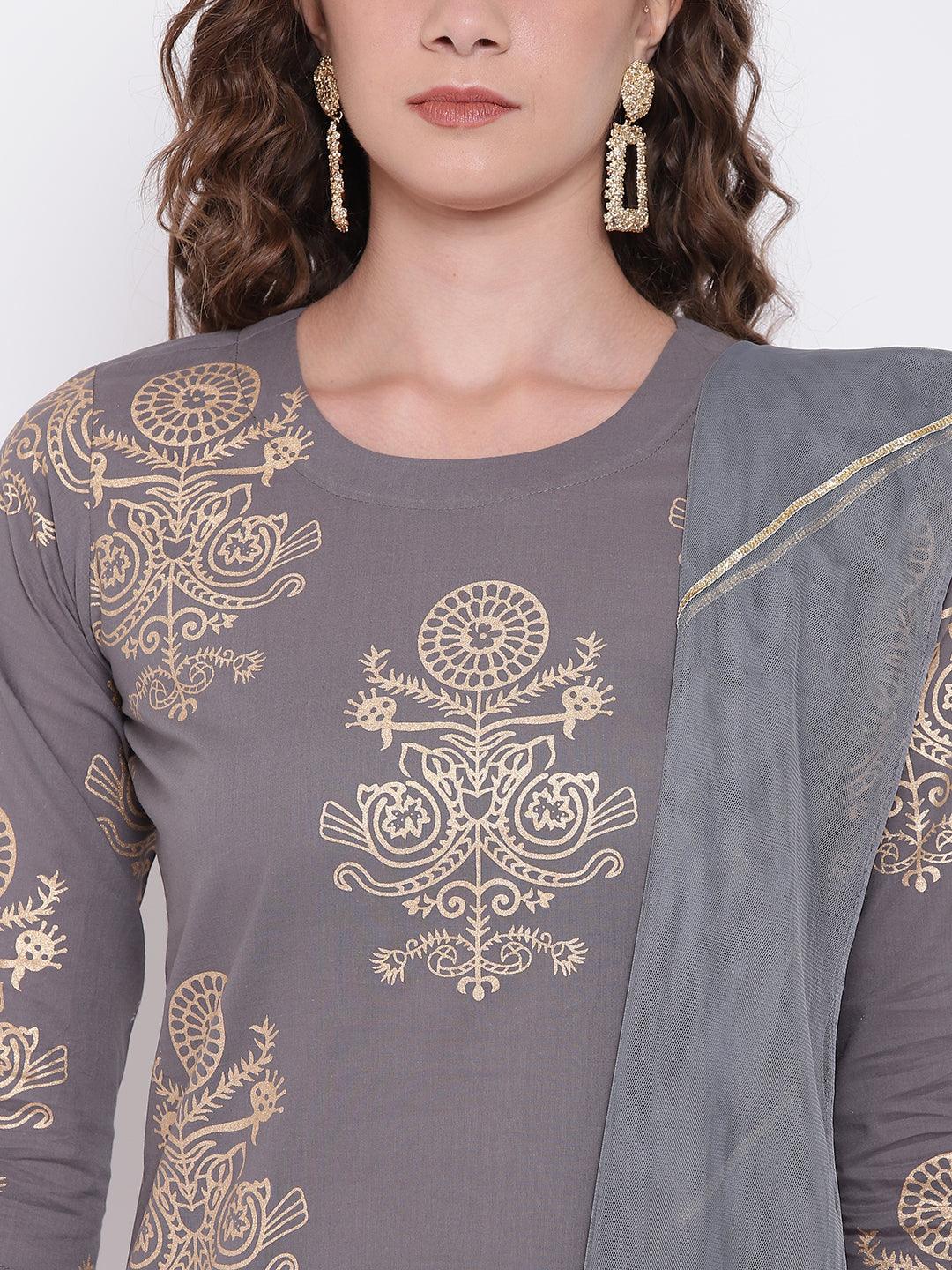 Divena Grey Foil Print Cotton Sharara Set with Net Dupatta