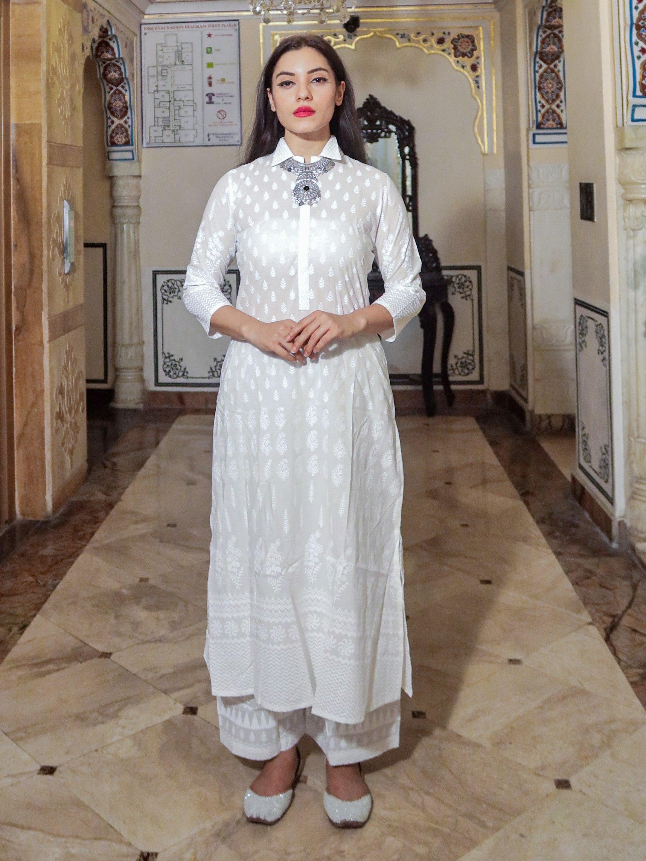 Divena White Khari Print Cotton Kurti With Palazzo Set