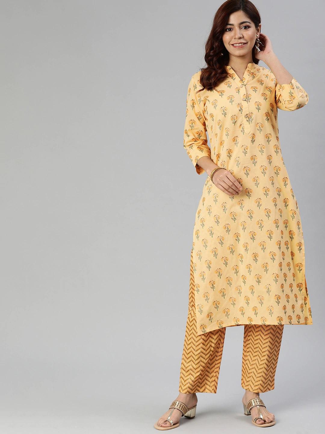 Divena Yellow Flower Print Cotton Kurta Set