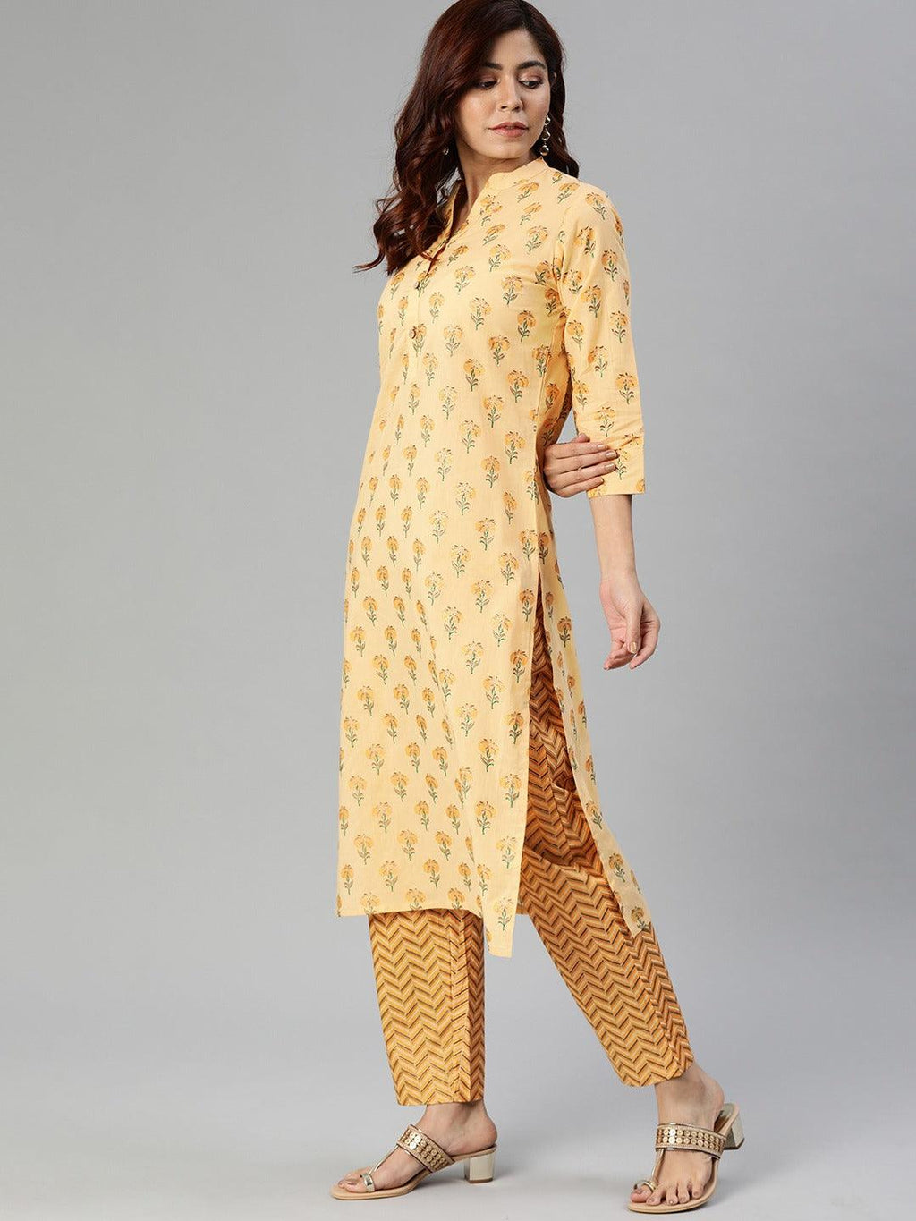 Divena Yellow Flower Print Cotton Kurta Set
