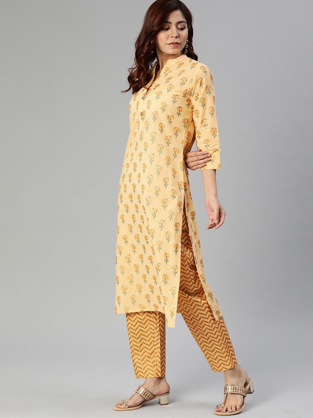 Divena Yellow Flower Print Cotton Kurta Set