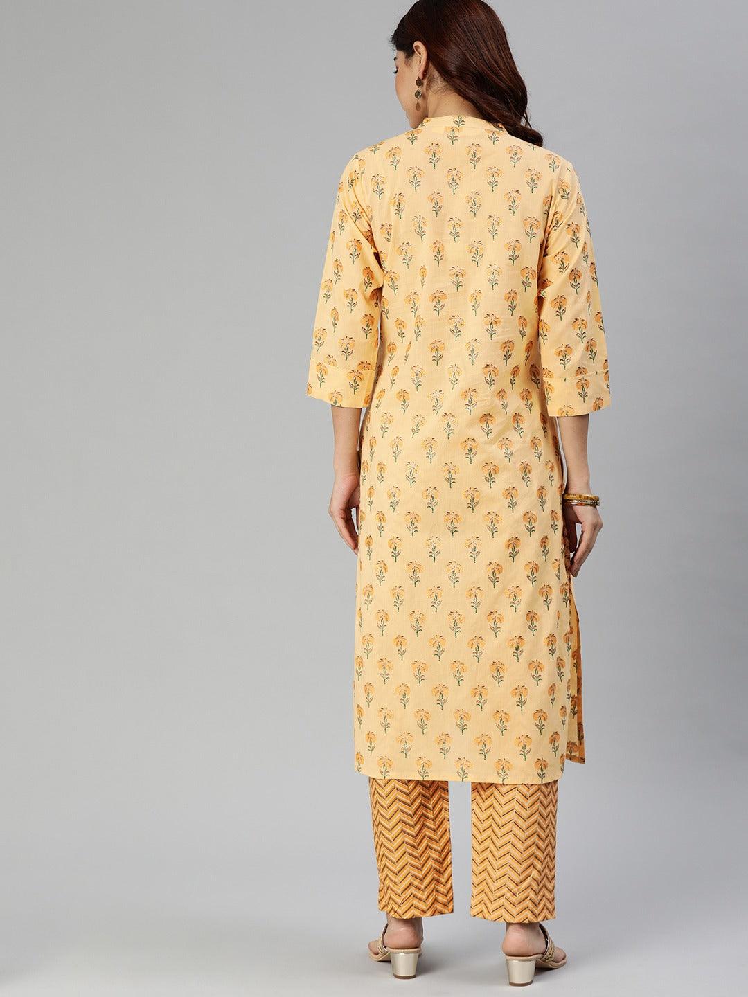 Divena Yellow Flower Print Cotton Kurta Set