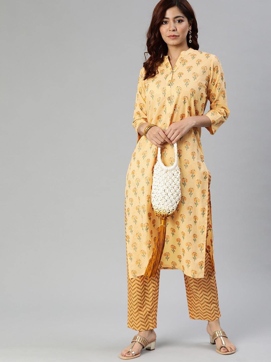 Divena Yellow Flower Print Cotton Kurta Set
