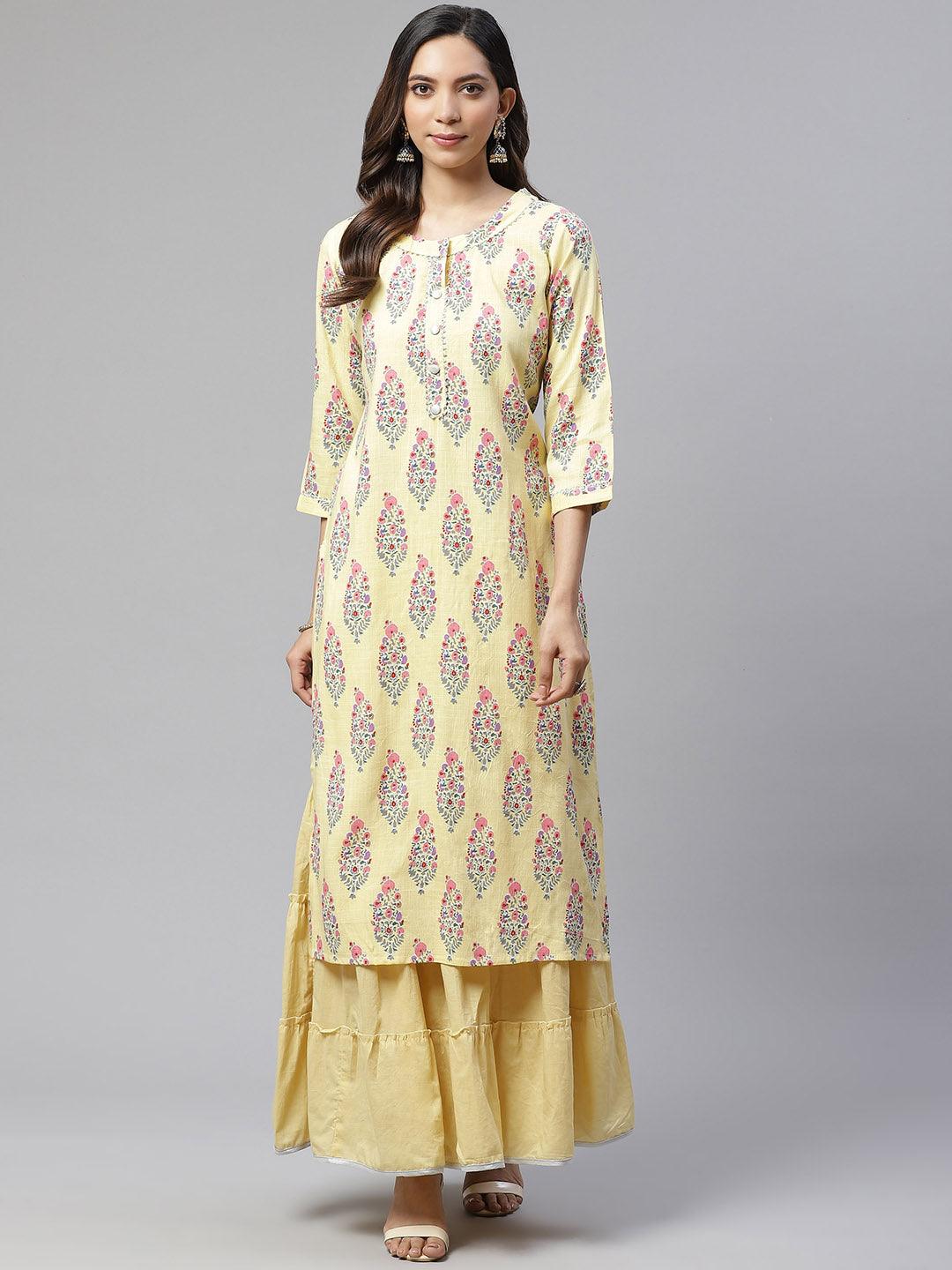 Divena Yellow Rayon Printed Kurti Sharara Set