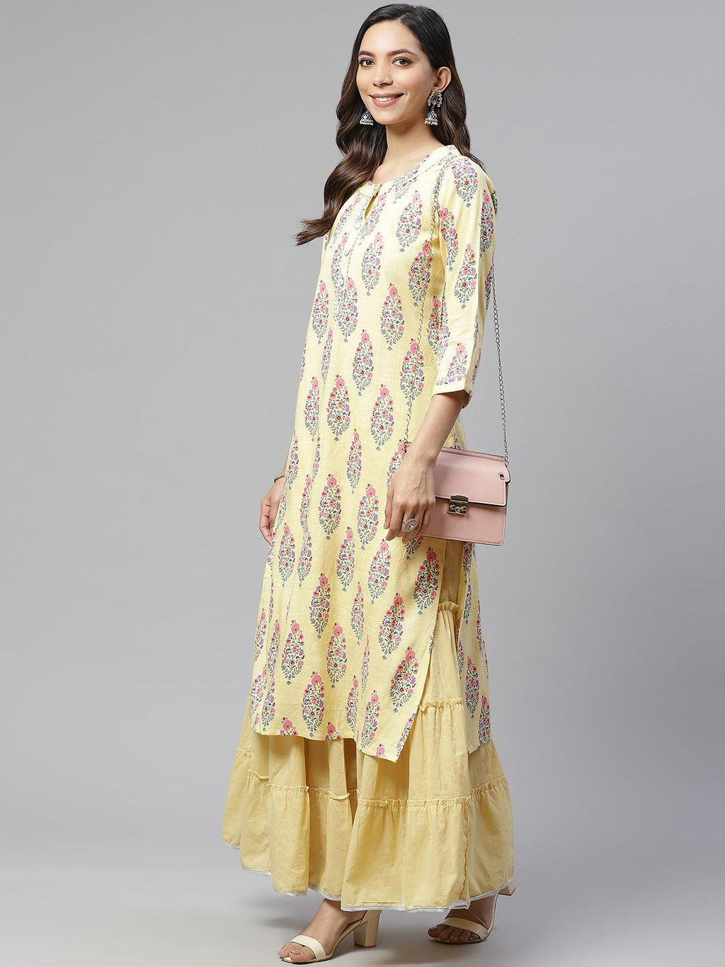 Divena Yellow Rayon Printed Kurti Sharara Set
