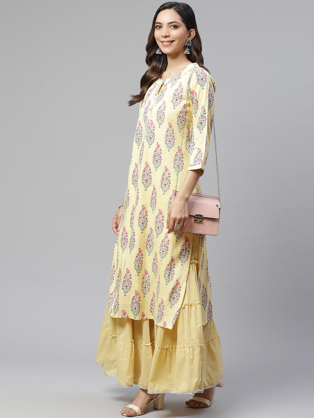Divena Yellow Rayon Printed Kurti Sharara Set