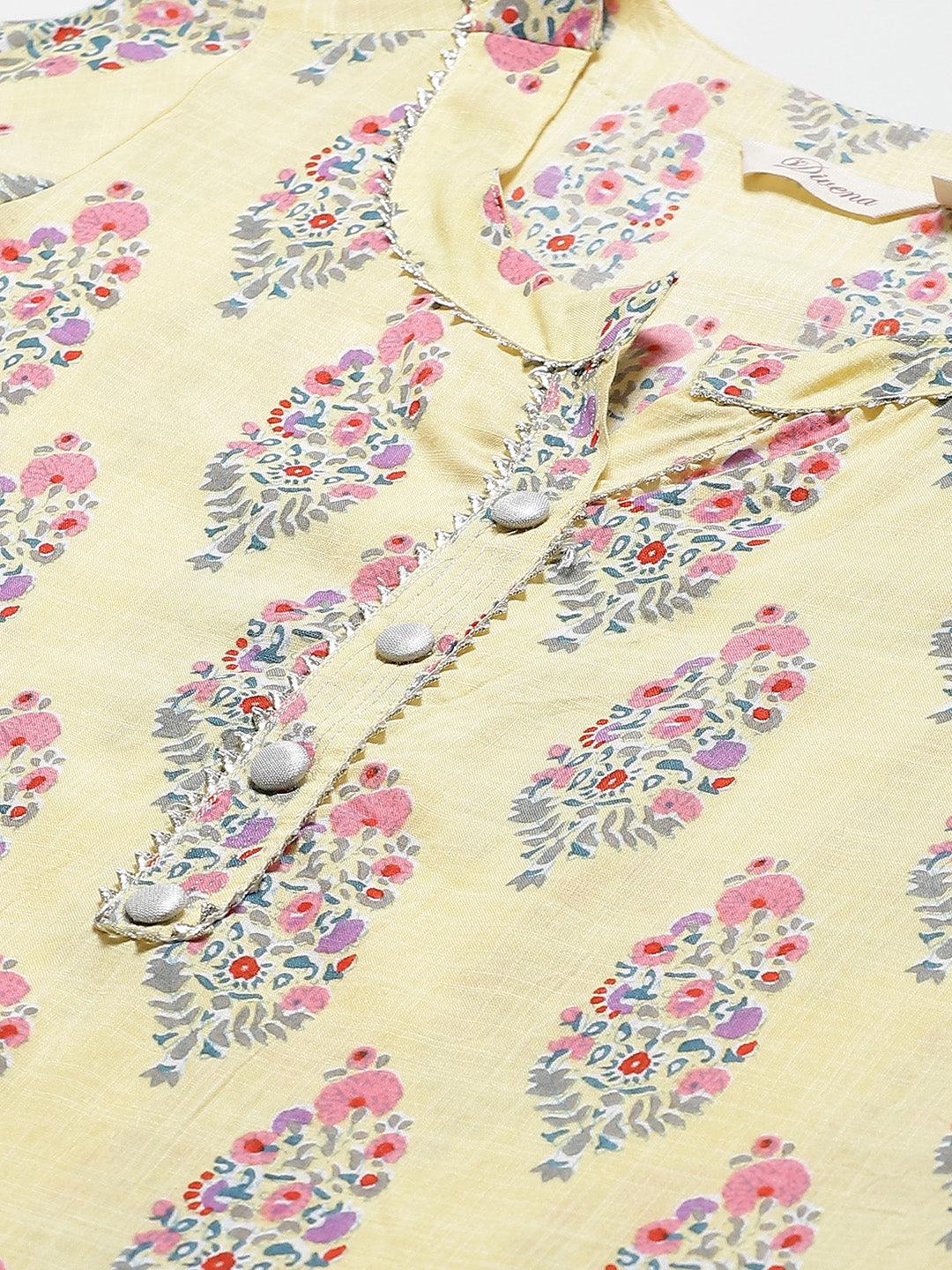 Divena Yellow Rayon Printed Kurti Sharara Set