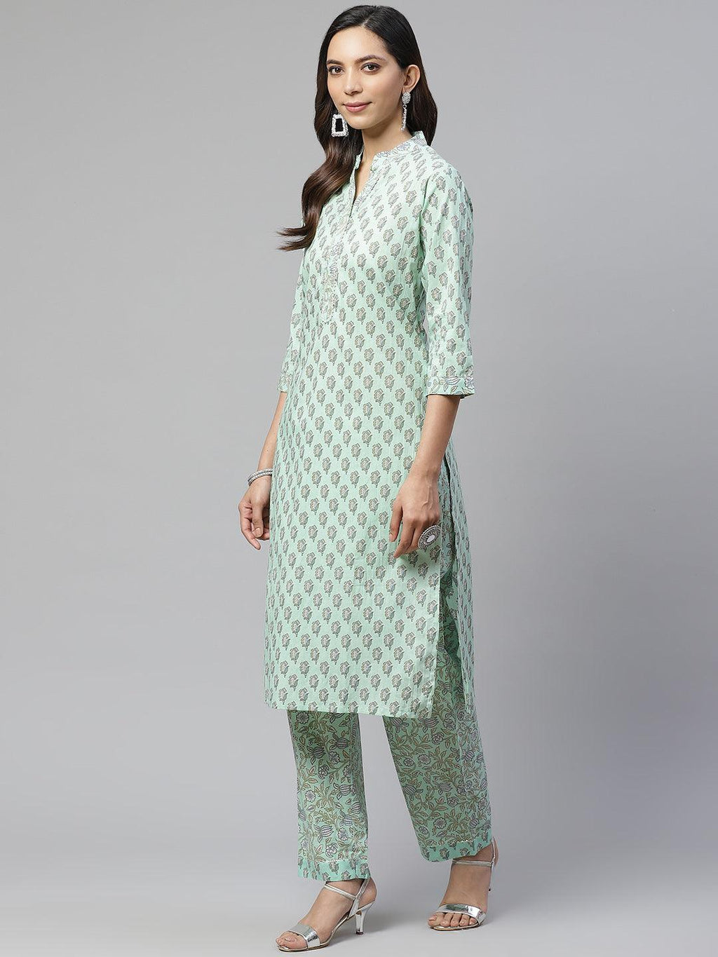 Divena Sea Green Cotton Printed Kurti Pant Set