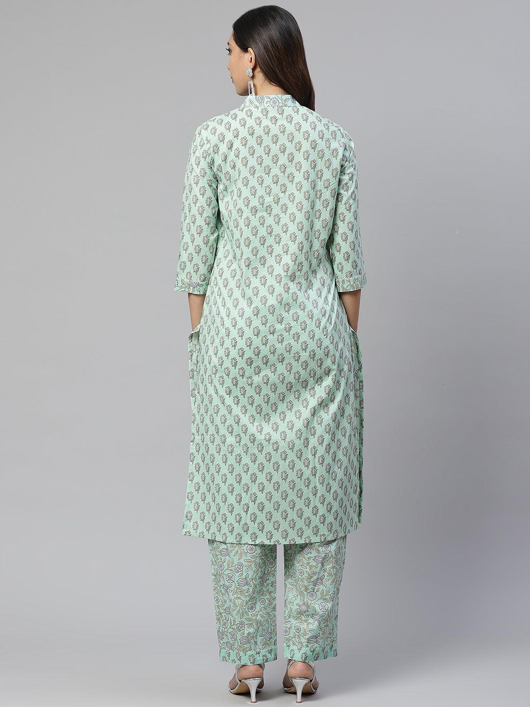 Divena Sea Green Cotton Printed Kurti Pant Set