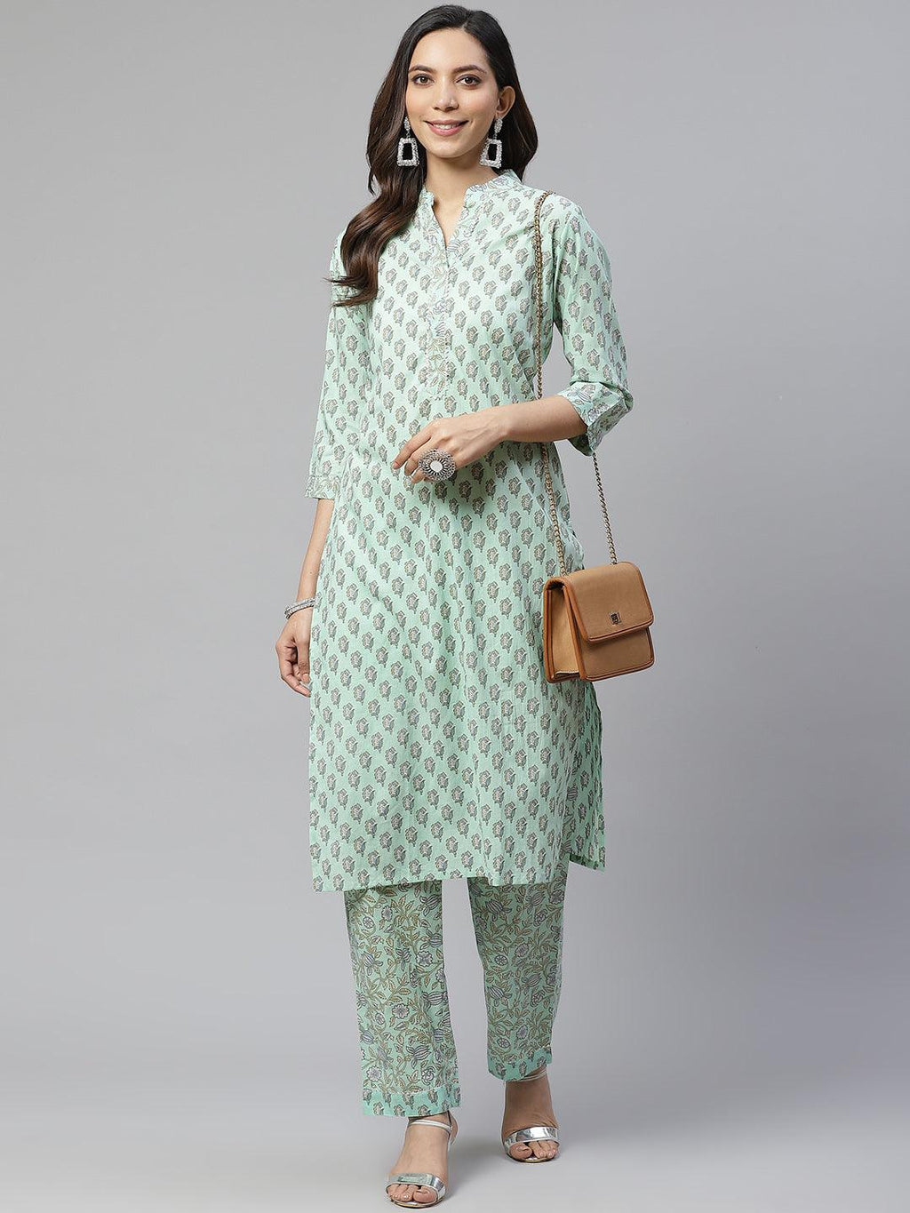 Divena Sea Green Cotton Printed Kurti Pant Set