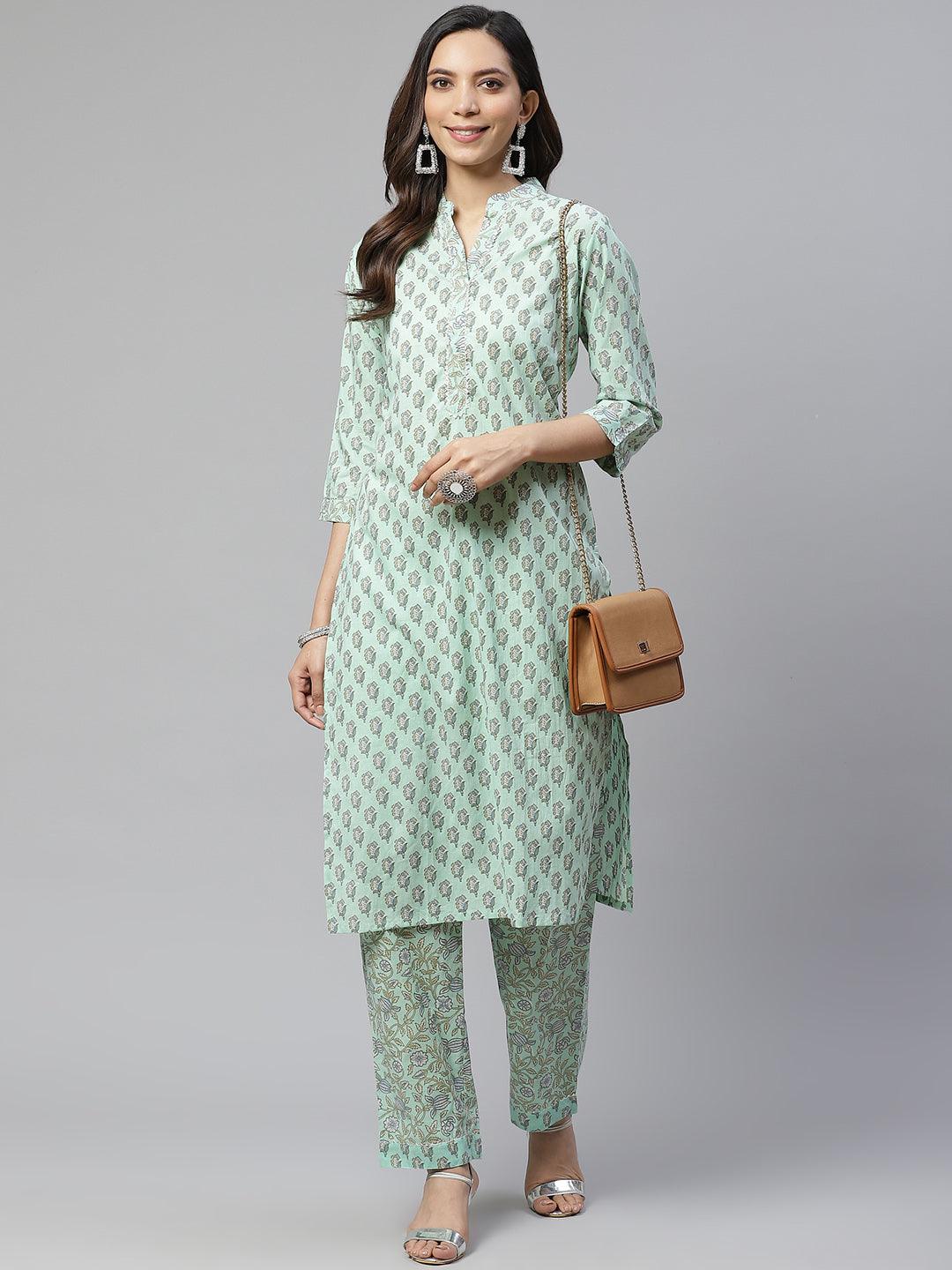 Divena Sea Green Cotton Printed Kurti Pant Set