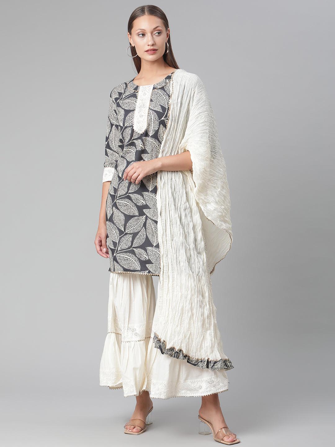Divena Printred Cotton Kurta Set With Sharara And Dupatta