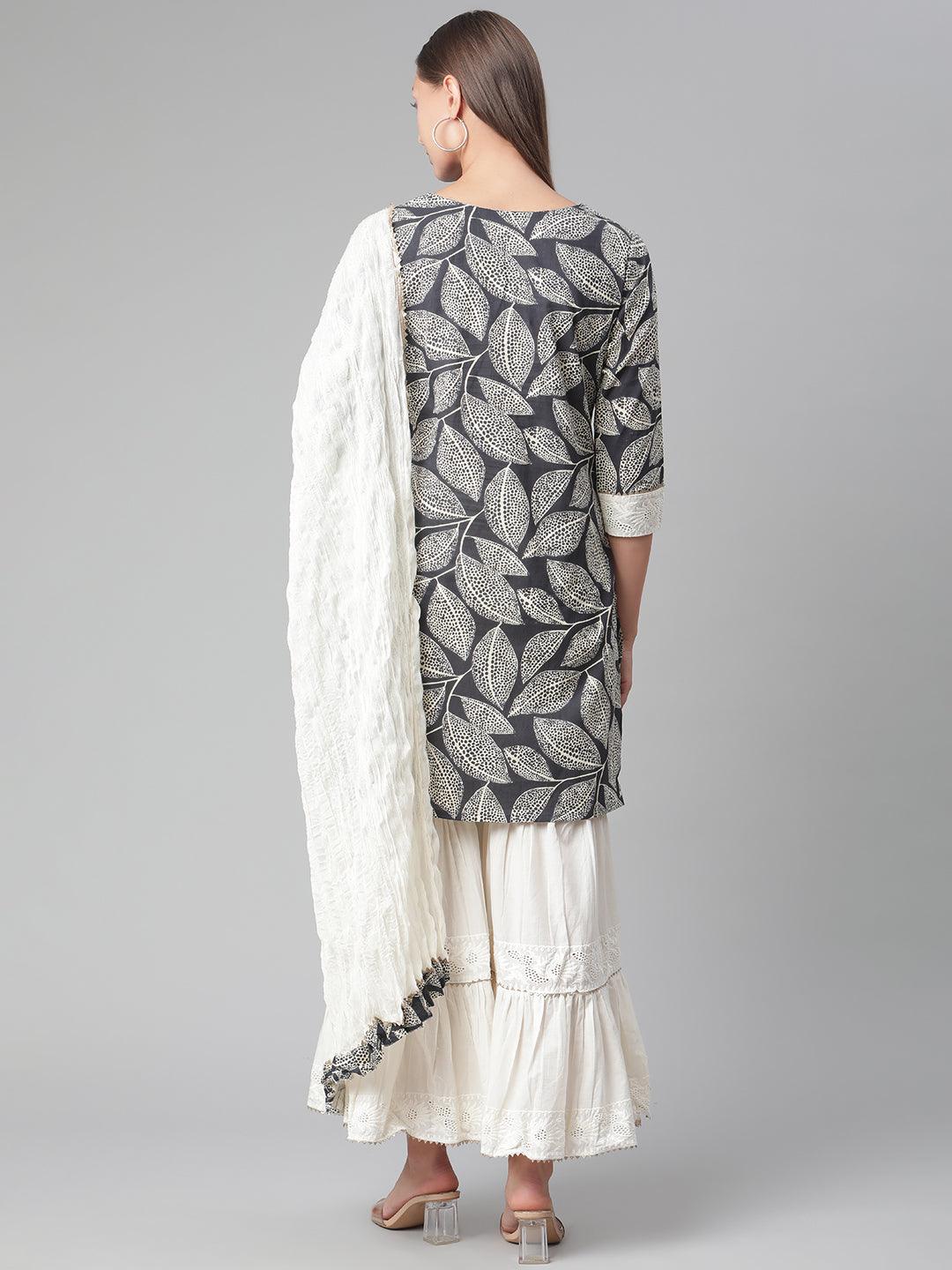 Divena Printred Cotton Kurta Set With Sharara And Dupatta