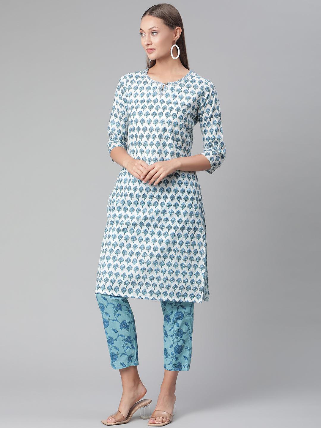 Divena White Cotton Kurta Pant set