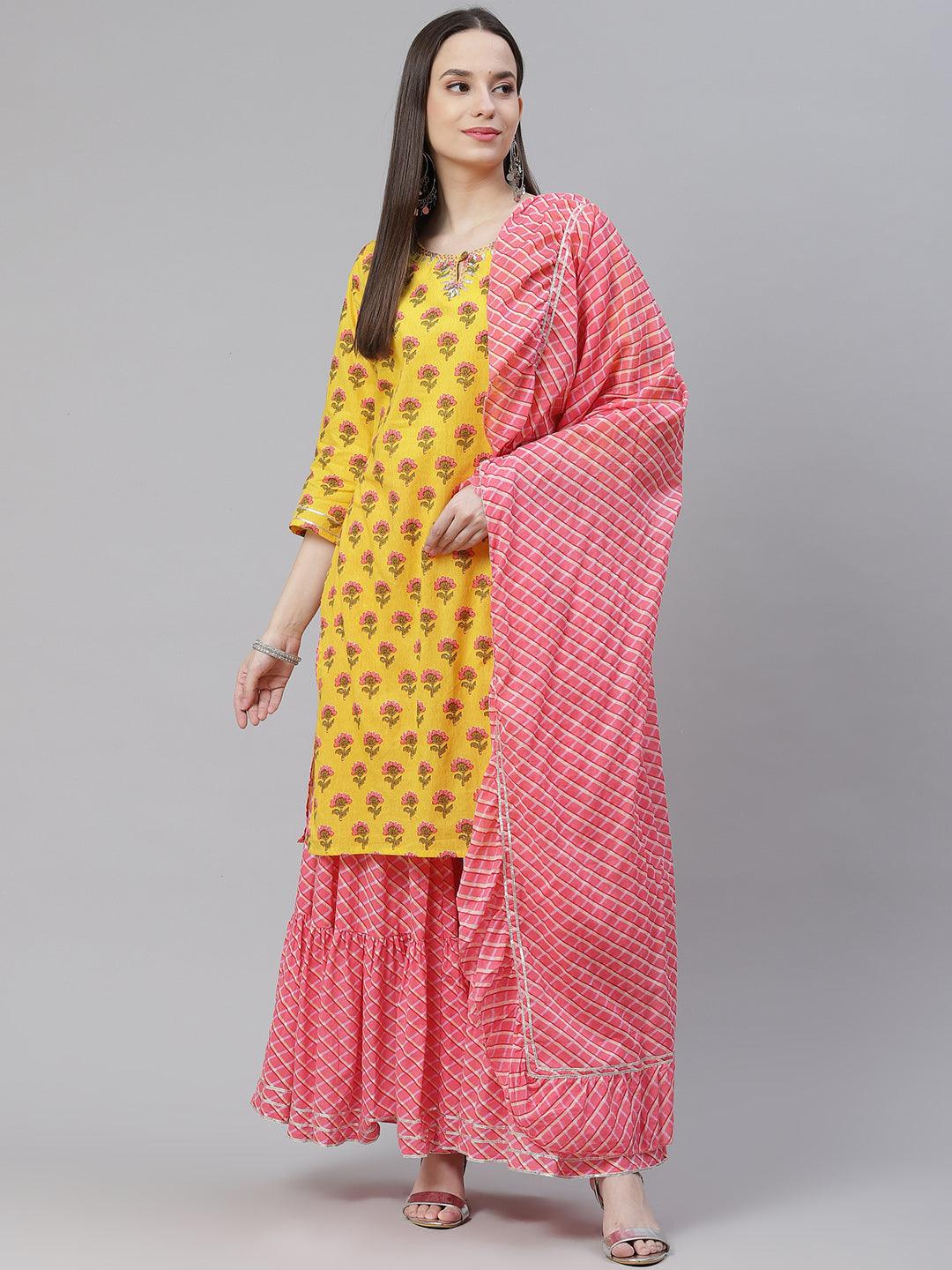 Divena Yellow Printed Kurta with Lahariya Sharara and Ruffled Dupatta Set