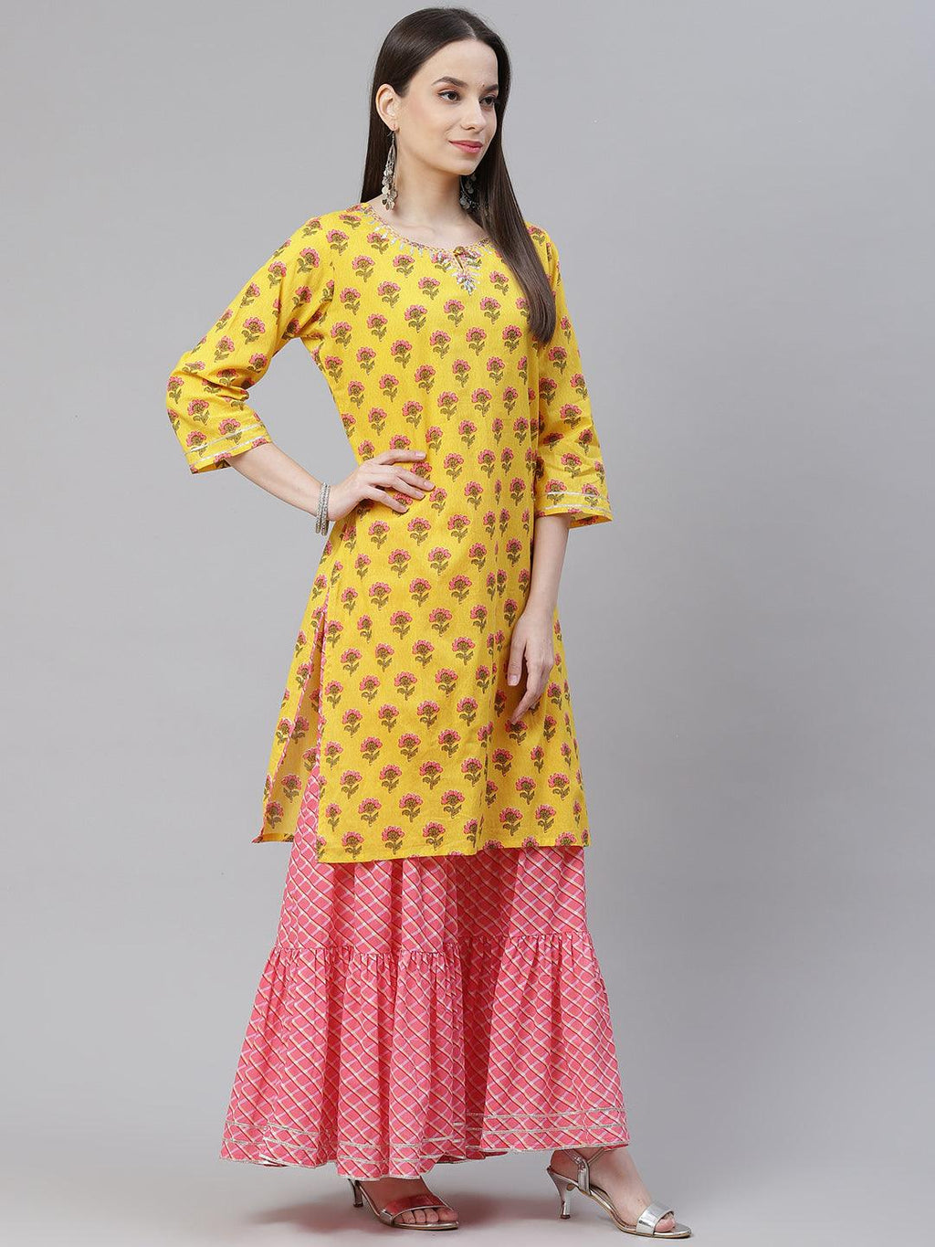 Divena Yellow Printed Kurta with Lahariya Sharara and Ruffled Dupatta Set