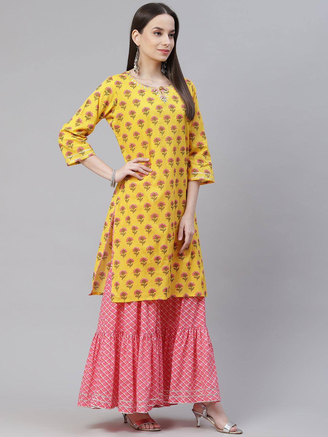 Divena Yellow Printed Kurta with Lahariya Sharara and Ruffled Dupatta Set