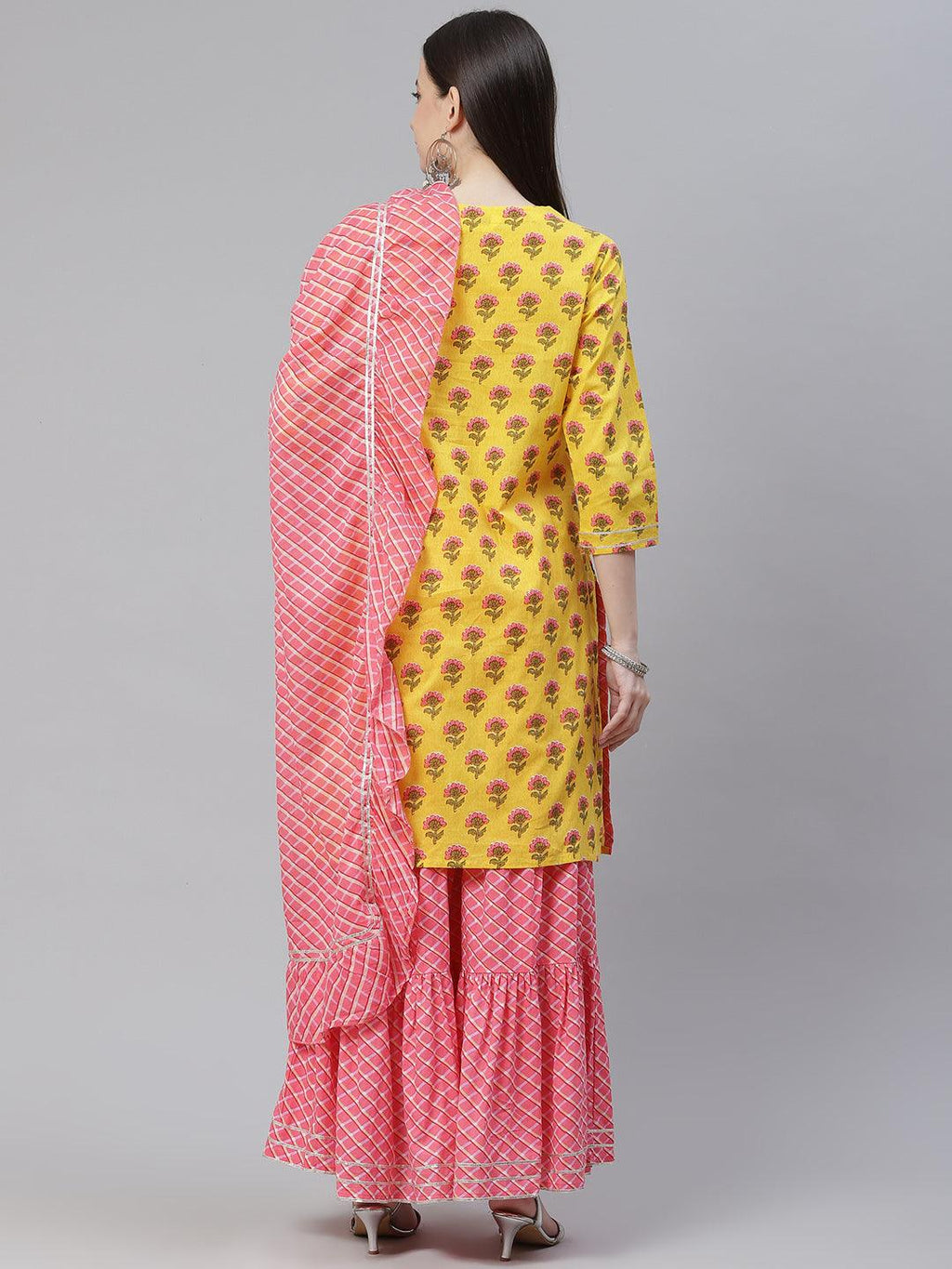 Divena Yellow Printed Kurta with Lahariya Sharara and Ruffled Dupatta Set