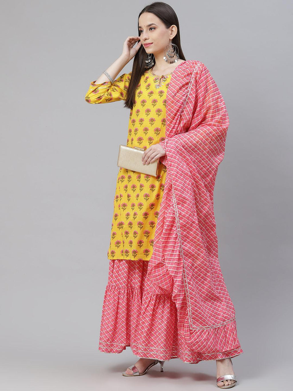 Divena Yellow Printed Kurta with Lahariya Sharara and Ruffled Dupatta Set