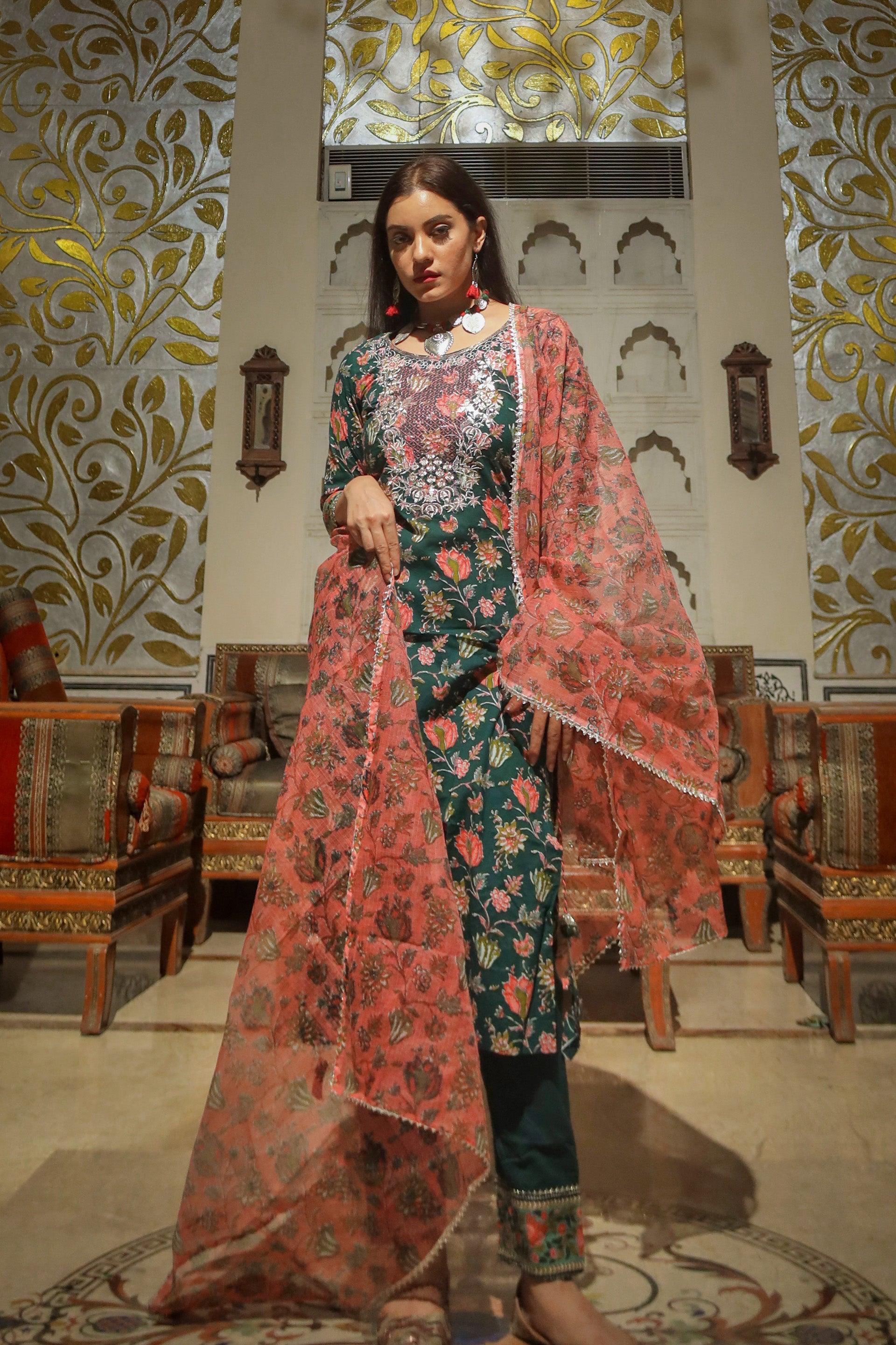 Divena Green Floral Printed Kurta Pant Set with Dupatta