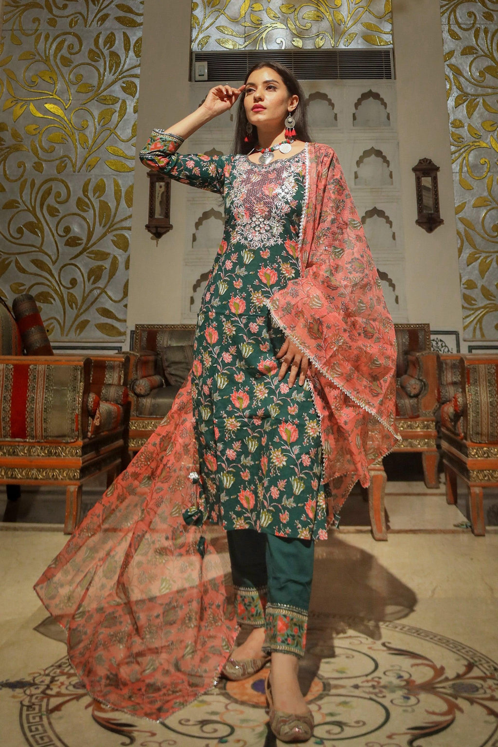 Divena Green Floral Printed Kurta Pant Set with Dupatta