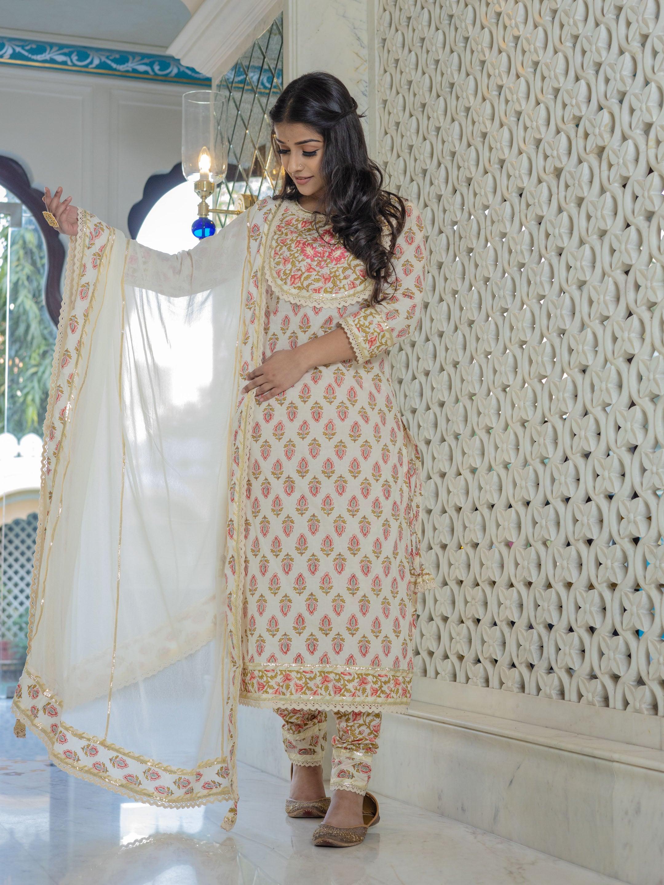 Divena Off white Cotton Straight Kurta Pant set with Dupatta