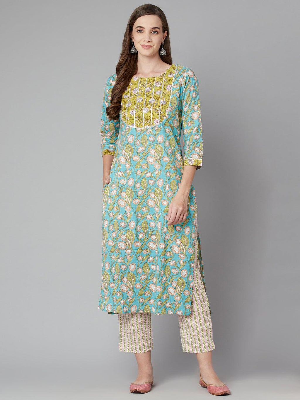 Divena Sky blue Floral Printed Cotton kurta Pant Set