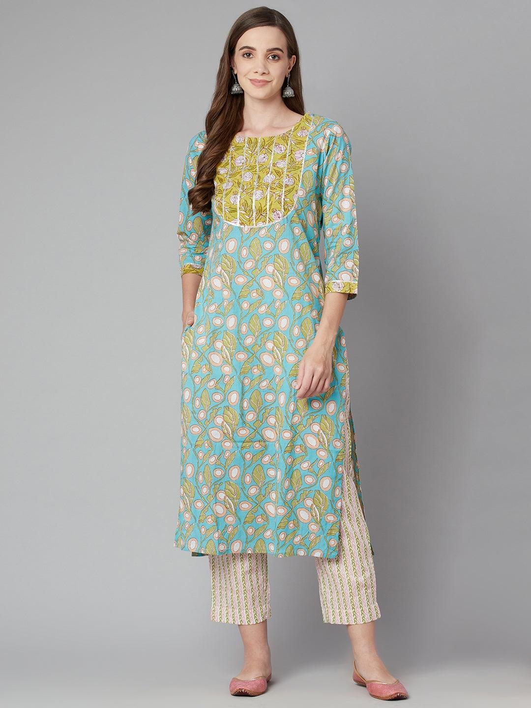 Divena Sky blue Floral Printed Cotton kurta Pant Set