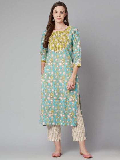 Divena Sky blue Floral Printed Cotton kurta Pant Set