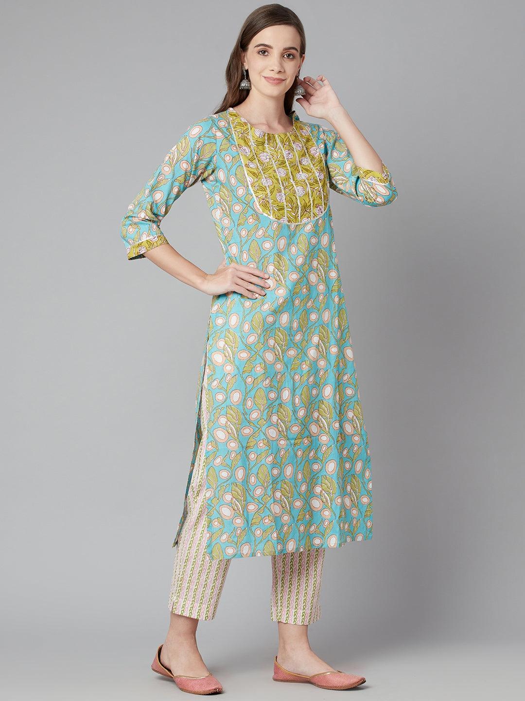 Divena Sky blue Floral Printed Cotton kurta Pant Set