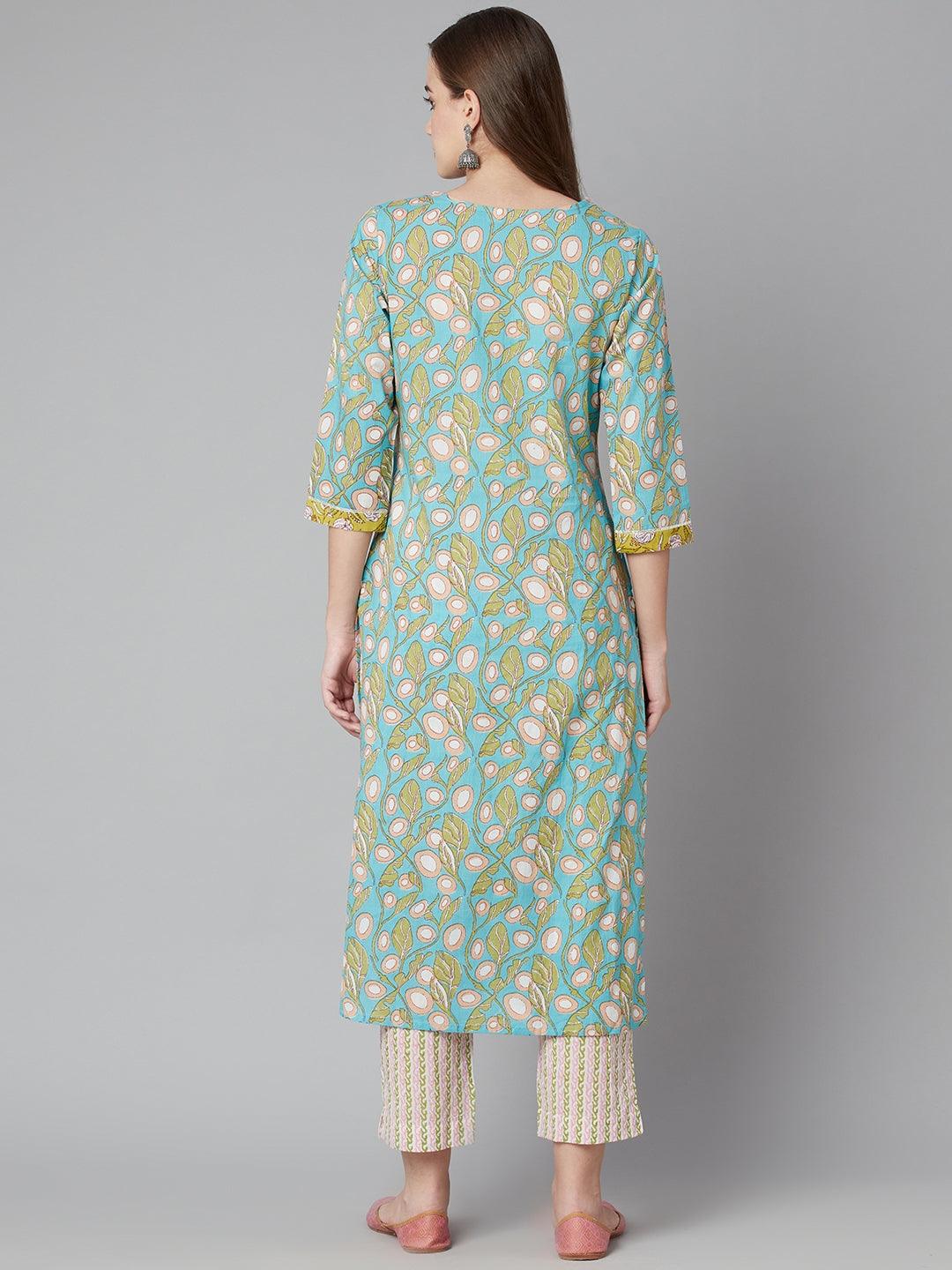 Divena Sky blue Floral Printed Cotton kurta Pant Set