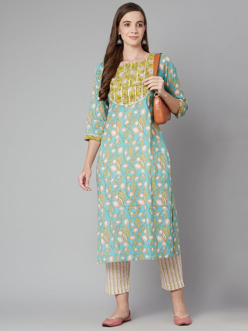 Divena Sky blue Floral Printed Cotton kurta Pant Set
