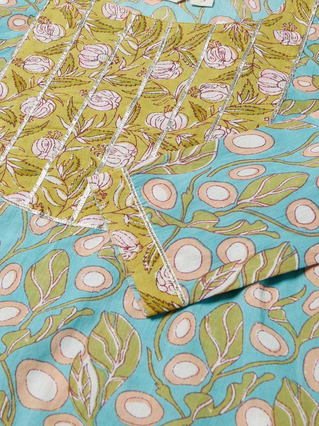 Divena Sky blue Floral Printed Cotton kurta Pant Set