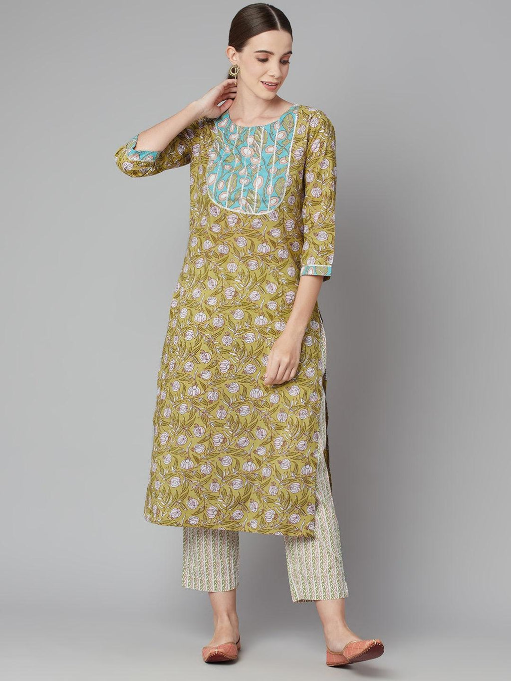 Divena Pastel green Floral Printed Cotton kurta Pant Set