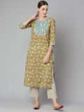 Divena Pastel green Floral Printed Cotton kurta Pant Set