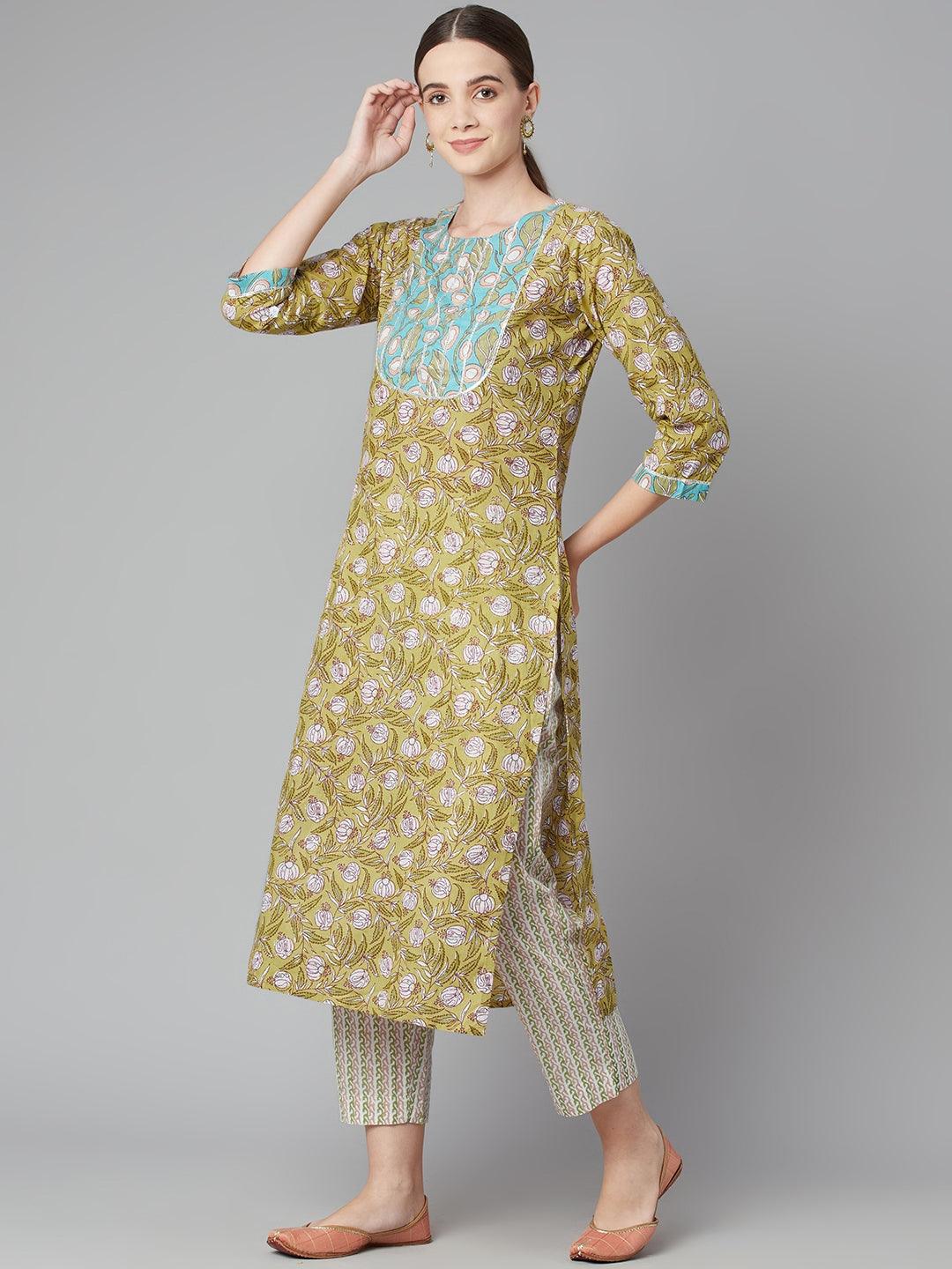 Divena Pastel green Floral Printed Cotton kurta Pant Set