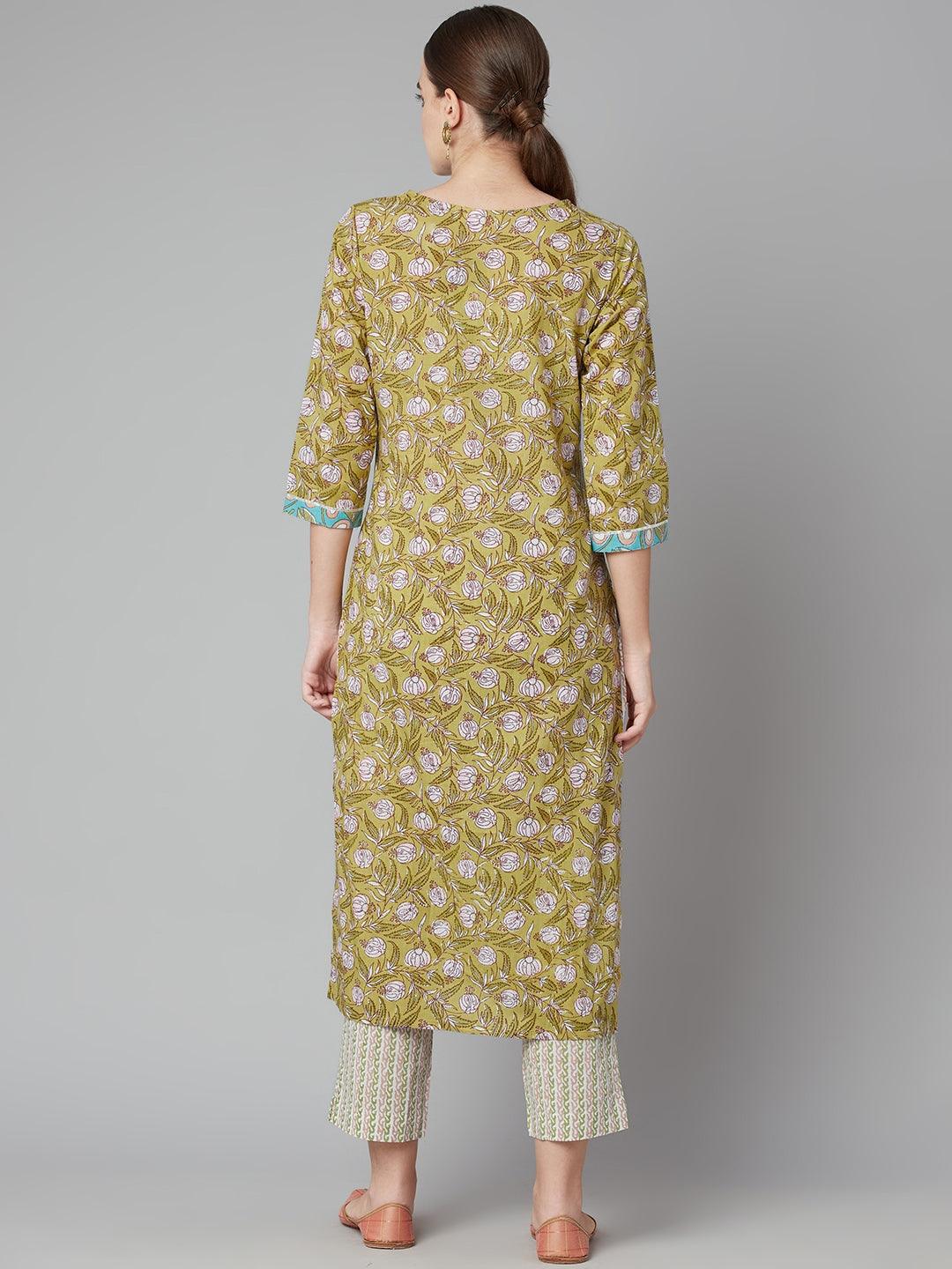 Divena Pastel green Floral Printed Cotton kurta Pant Set