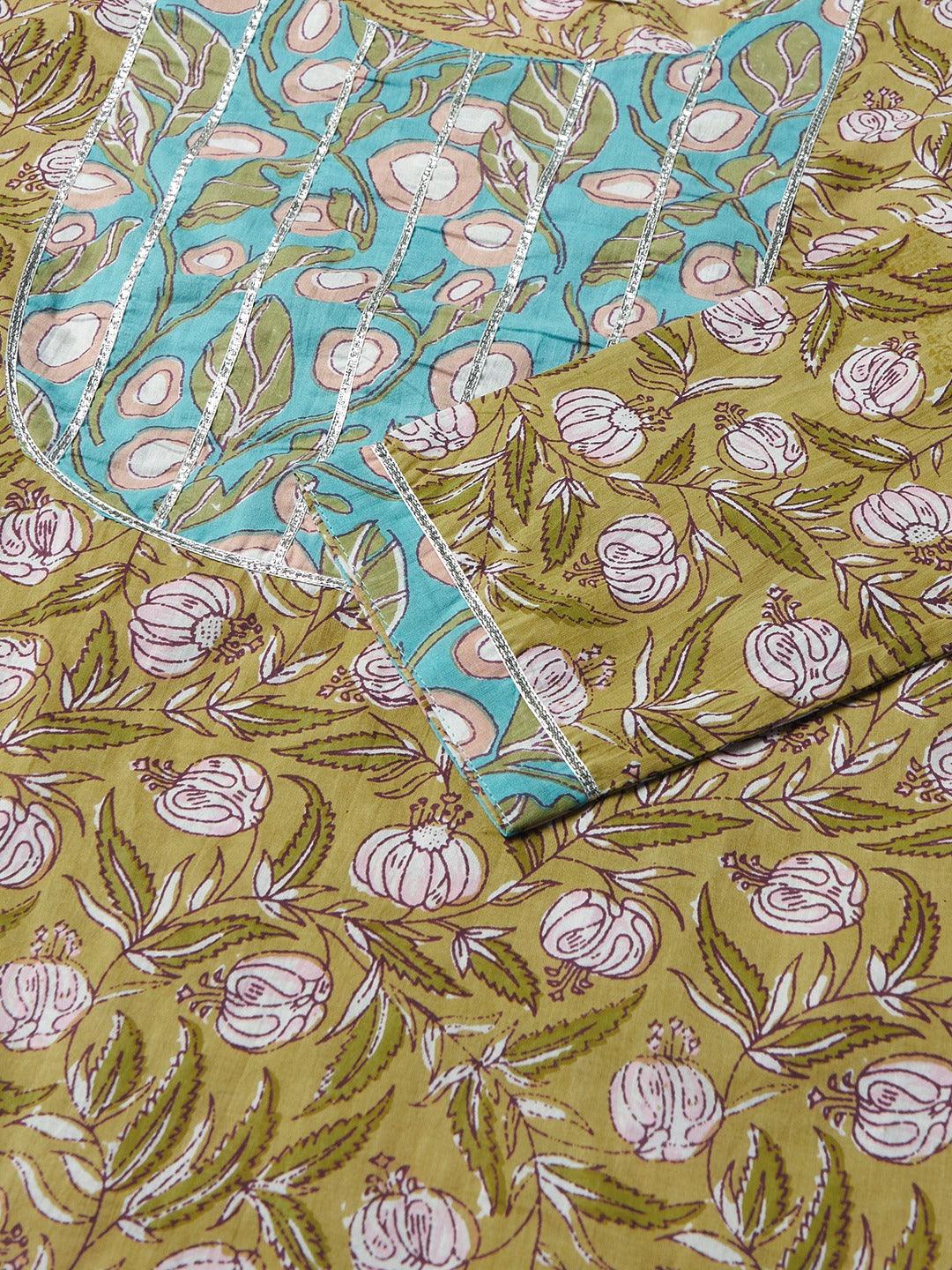 Divena Pastel green Floral Printed Cotton kurta Pant Set