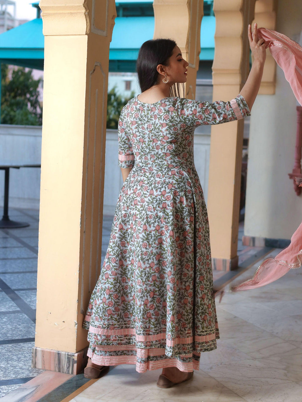 Divena Pastel Blue Floral Anarkali Cotton Kurta Palazzo set with Dupatta