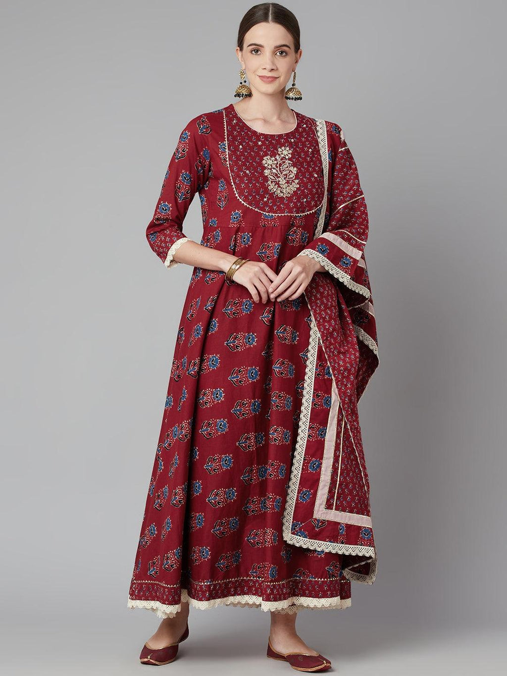 Divena Red Floral Anarkali Cotton Kurta pant set with dupatta