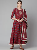 Divena Red Floral Anarkali Cotton Kurta pant set with dupatta