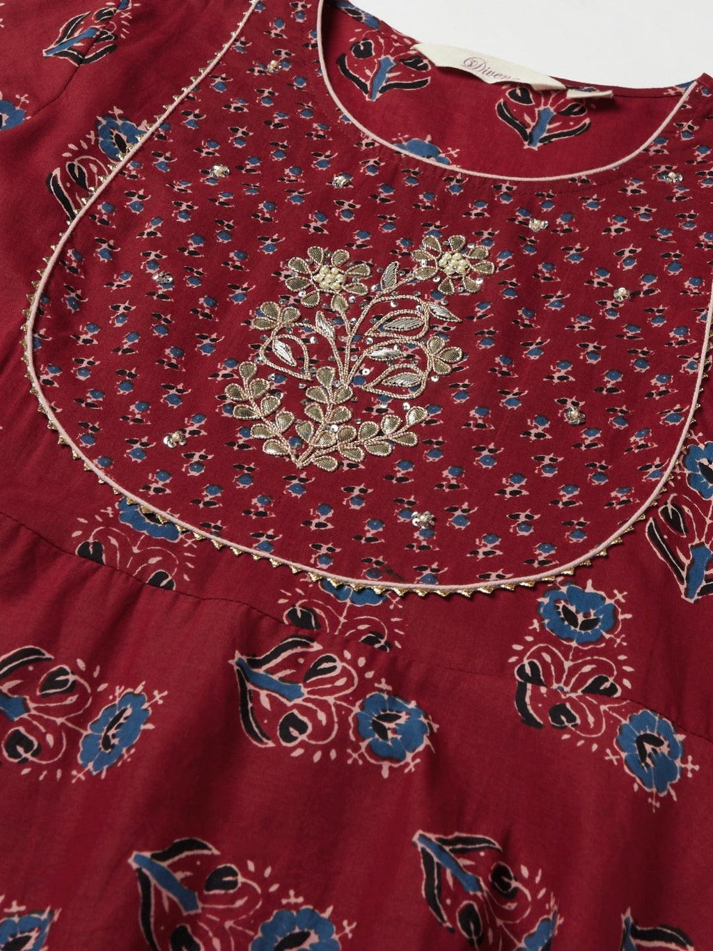 Divena Red Floral Anarkali Cotton Kurta pant set with dupatta